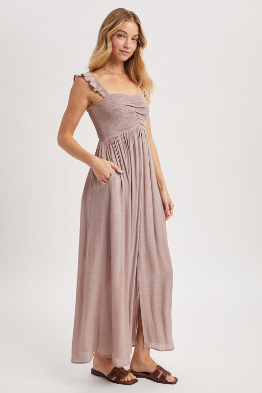 Ruffle Sleeve Front Slit Maxi Dress