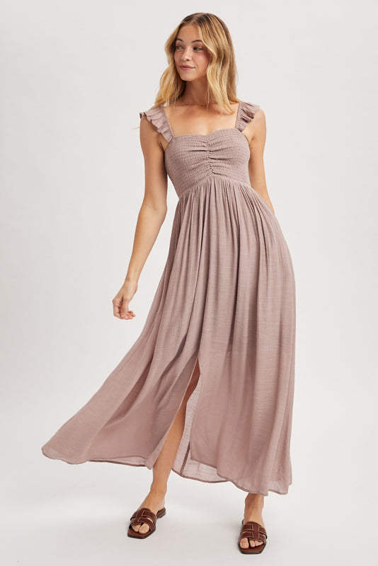Ruffle Sleeve Front Slit Maxi Dress