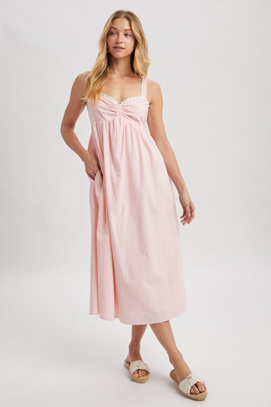 Striped Ruffled Midi Sweetheart Dress Melon/White