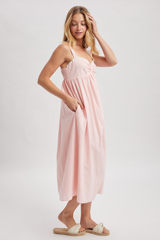 Striped Ruffled Midi Sweetheart Dress Melon/White