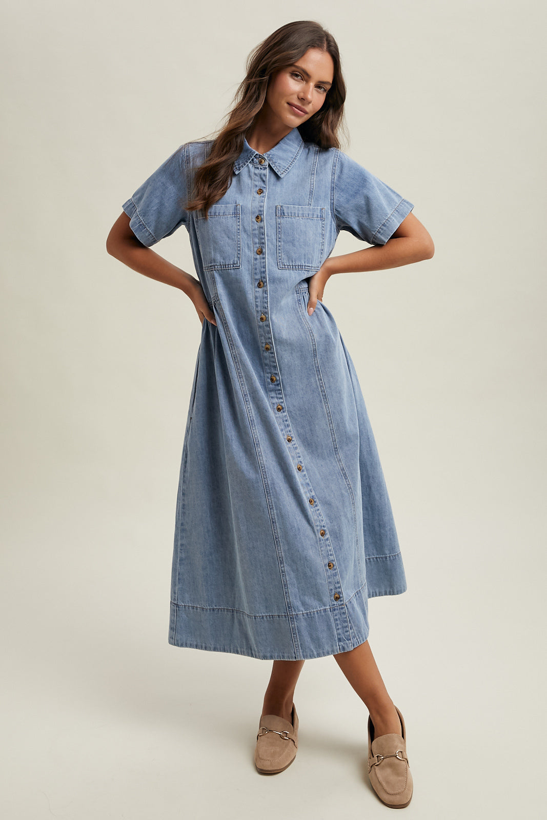 DENIM BUTTON-FRONT SHIRT DRESS