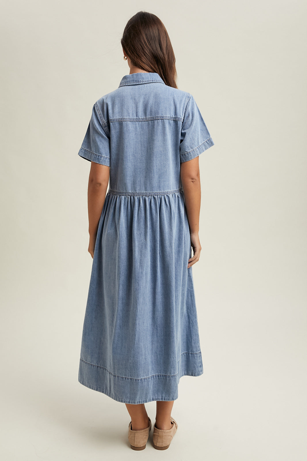 DENIM BUTTON-FRONT SHIRT DRESS