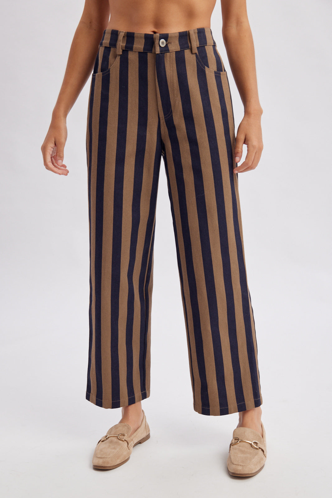 VERTICAL STRIPE WIDE LEG PANTS BROWN/ NAVY