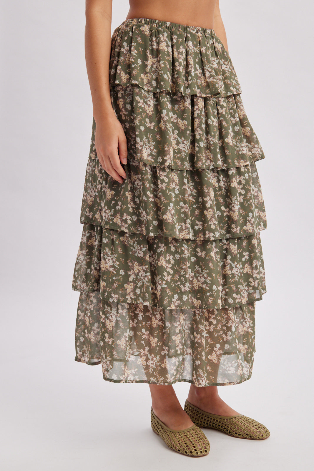 FLORAL RUFFLE TIERED MAXI SKIRT OLIVE