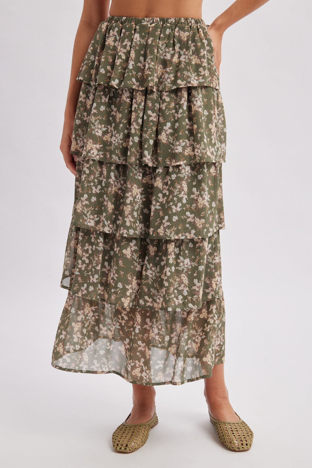 FLORAL RUFFLE TIERED MAXI SKIRT OLIVE