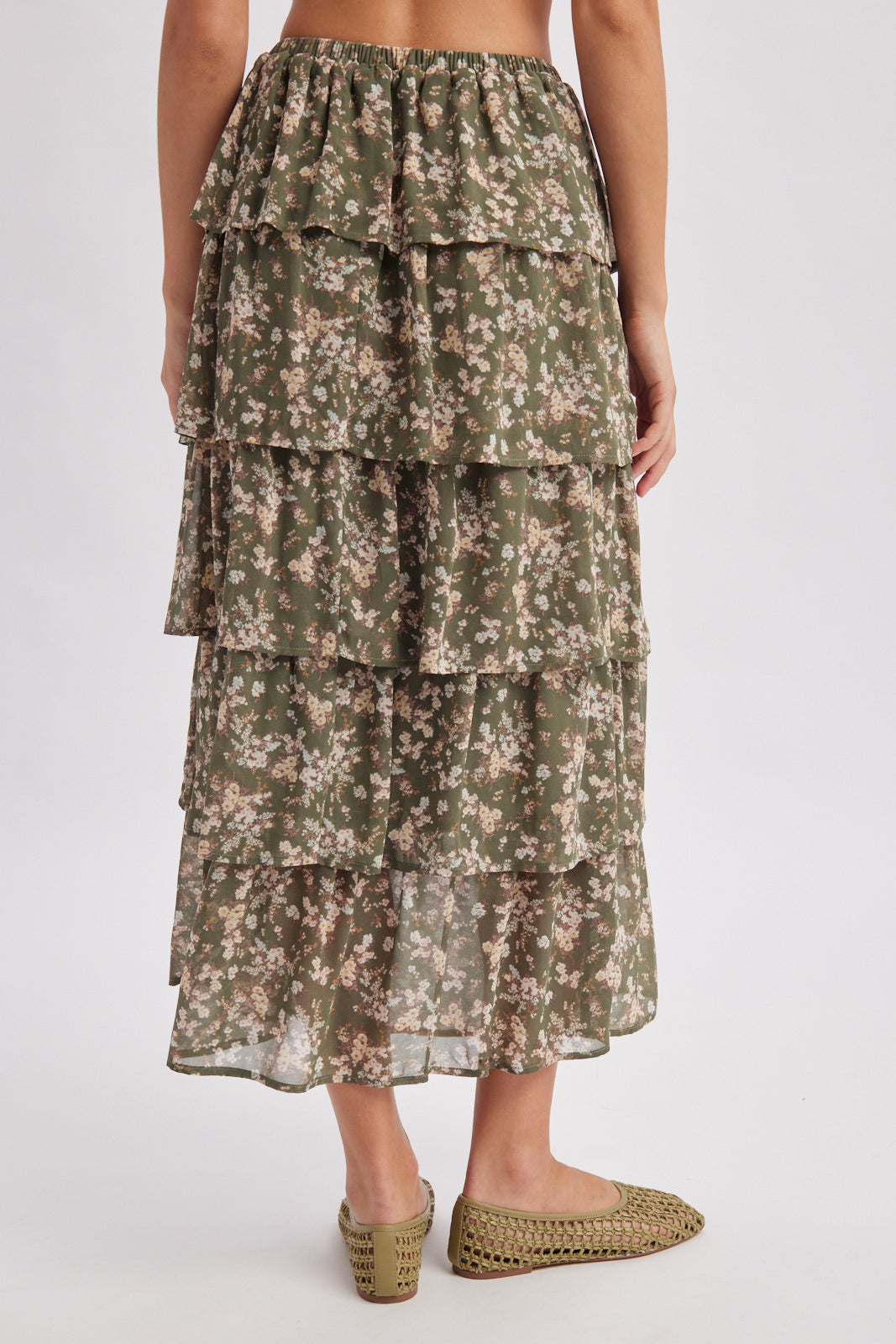 FLORAL RUFFLE TIERED MAXI SKIRT OLIVE