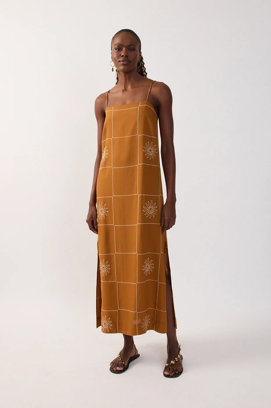 Brown Embroidered Sun Plaid Linen Maxi Dress