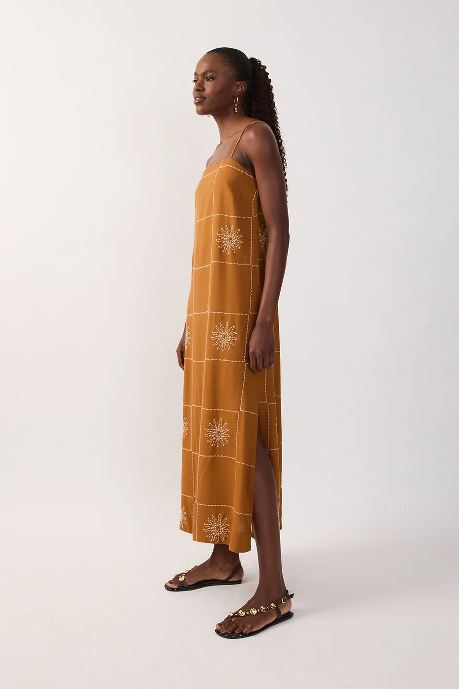 Brown Embroidered Sun Plaid Linen Maxi Dress