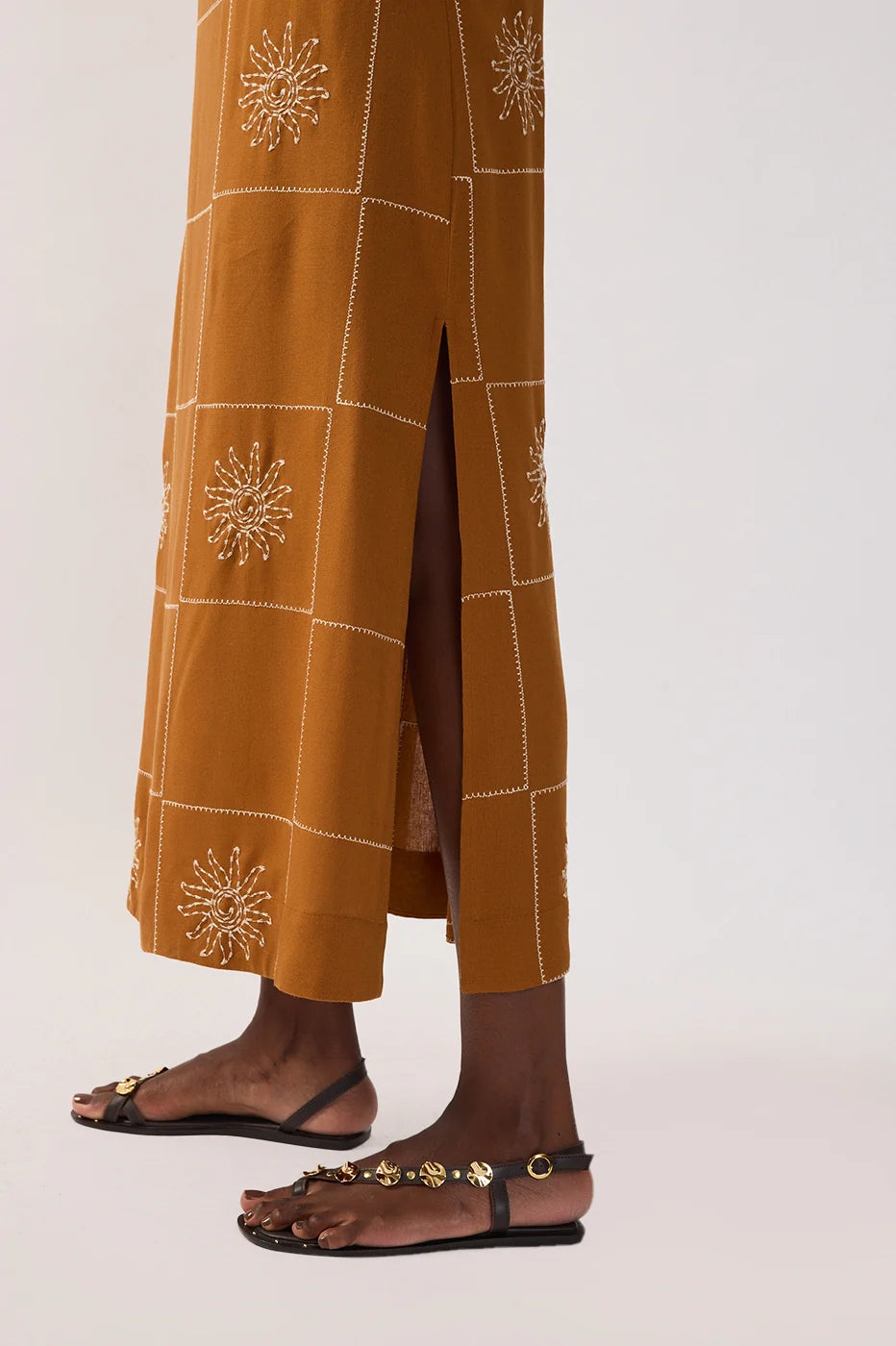 Brown Embroidered Sun Plaid Linen Maxi Dress