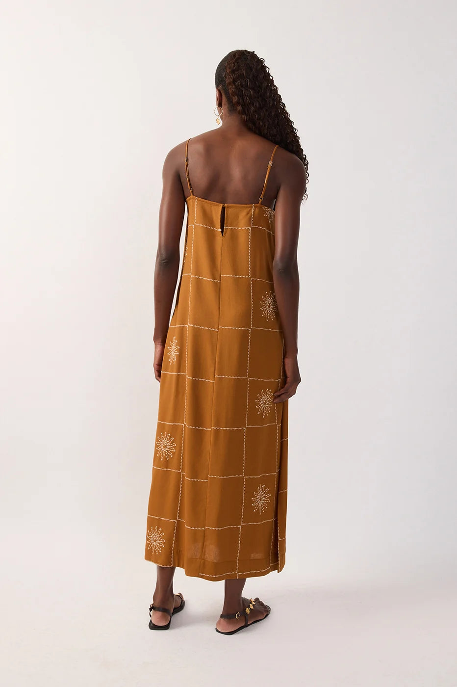 Brown Embroidered Sun Plaid Linen Maxi Dress