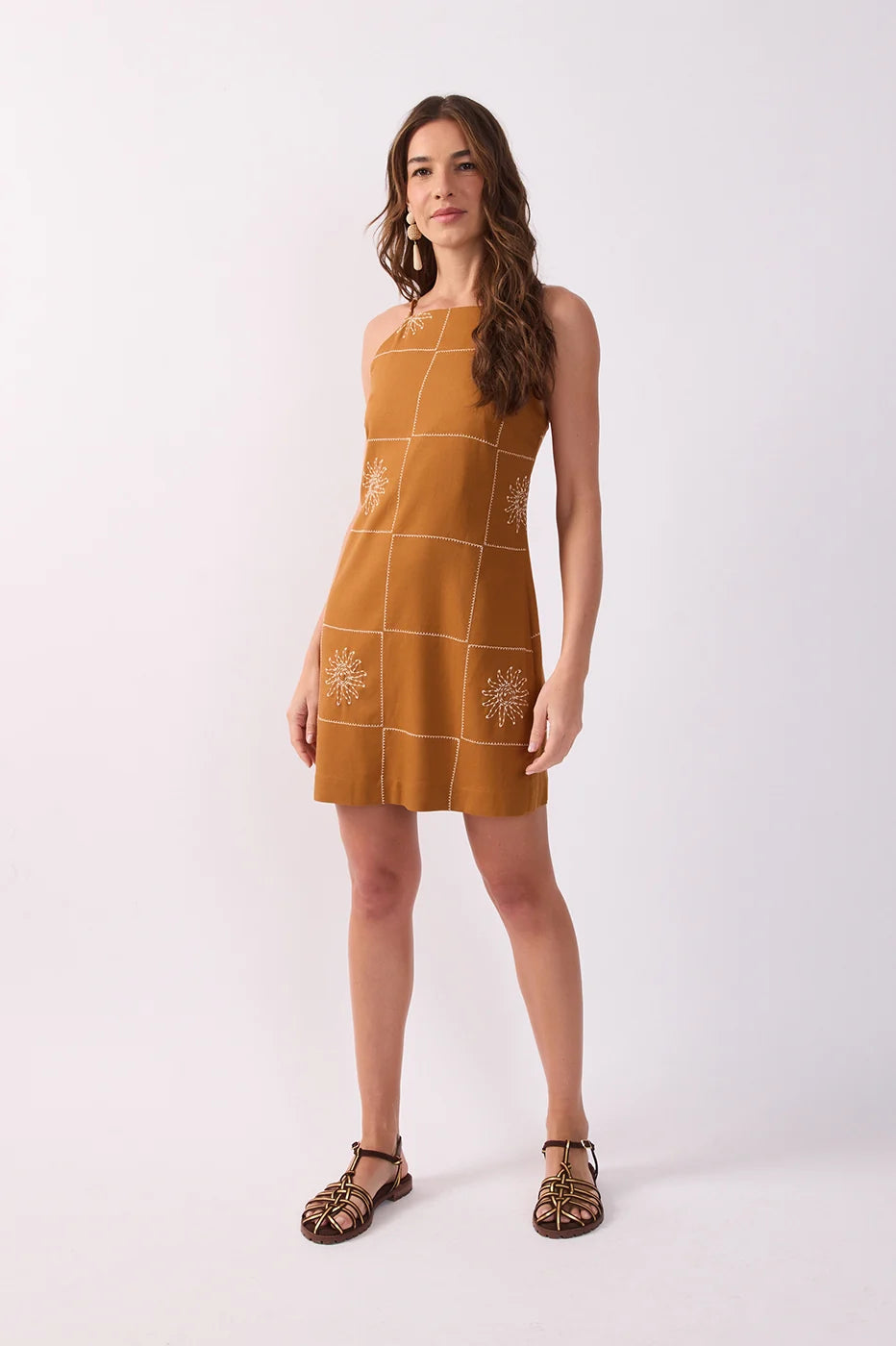 Brown Embroidered Sun Plaid Linen Mini Dress