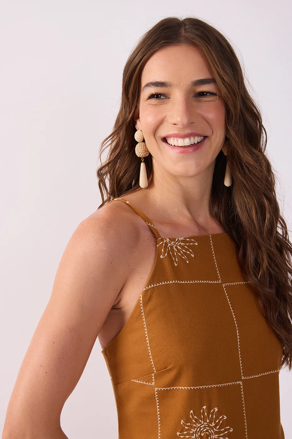 Brown Embroidered Sun Plaid Linen Mini Dress