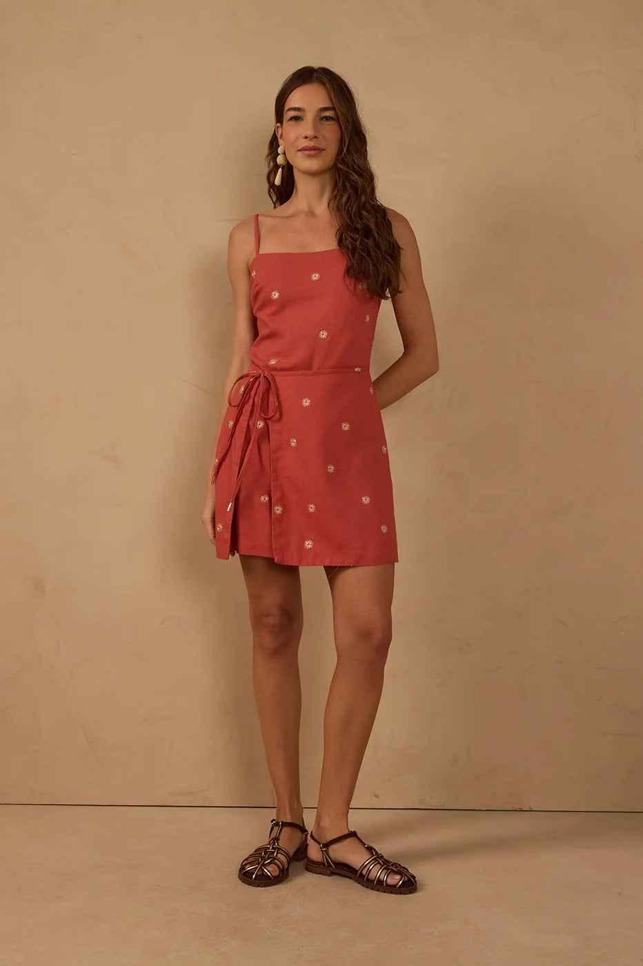 Embroidered Square Neck Wrap Midi Dress in Brown Ceramica