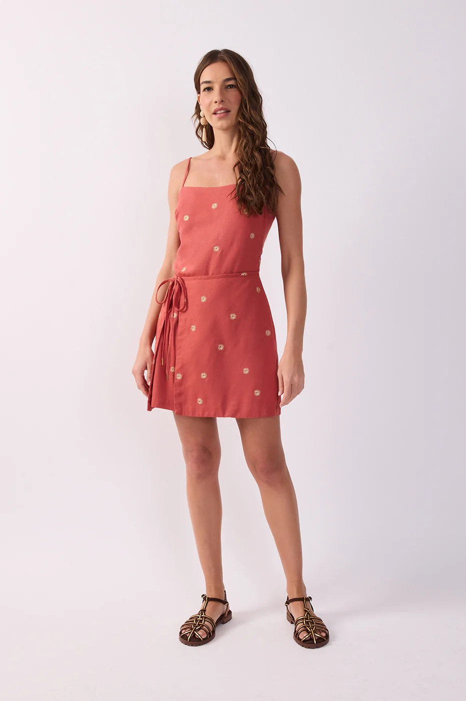 Embroidered Square Neck Wrap Midi Dress in Brown Ceramica