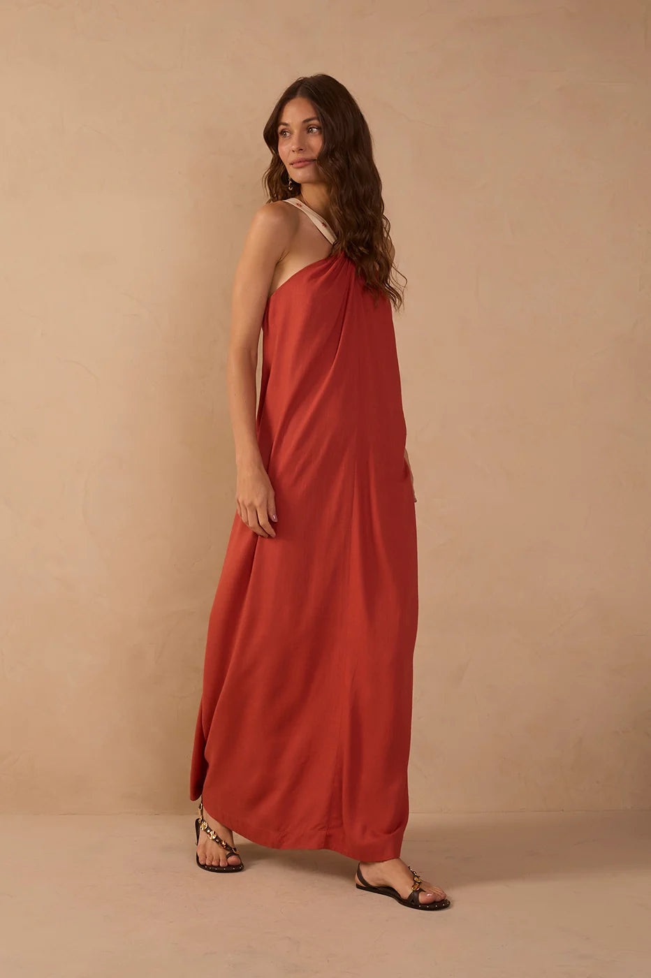 Embroidered Strap Maxi Dress in Brown Ceramica