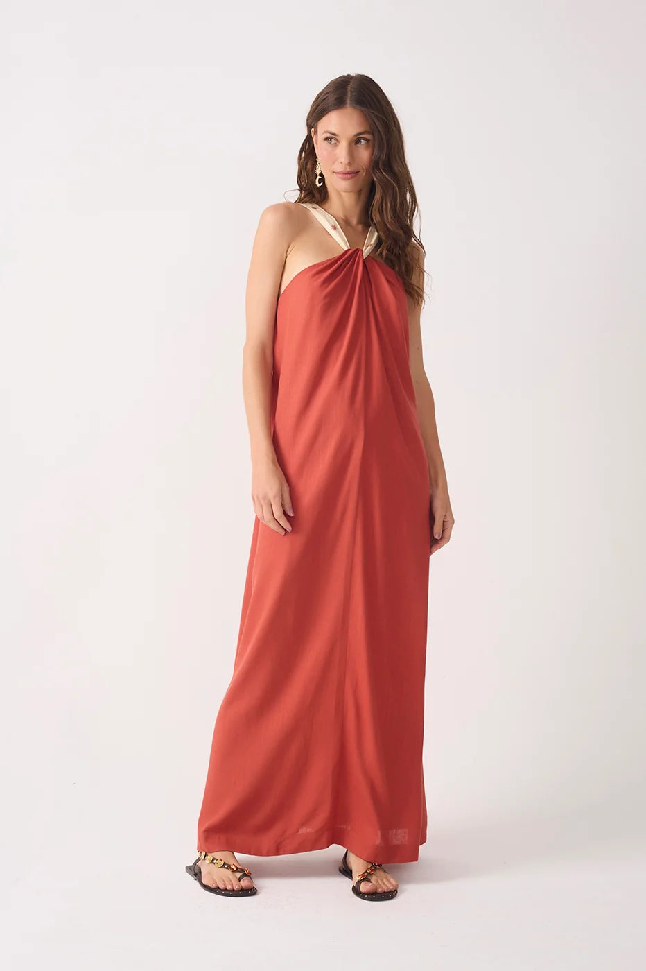 Embroidered Strap Maxi Dress in Brown Ceramica