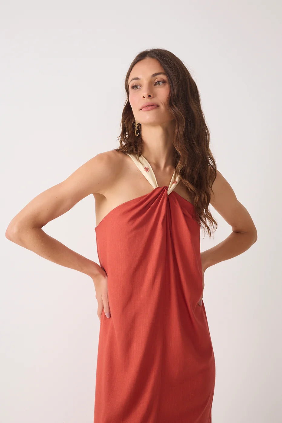 Embroidered Strap Maxi Dress in Brown Ceramica