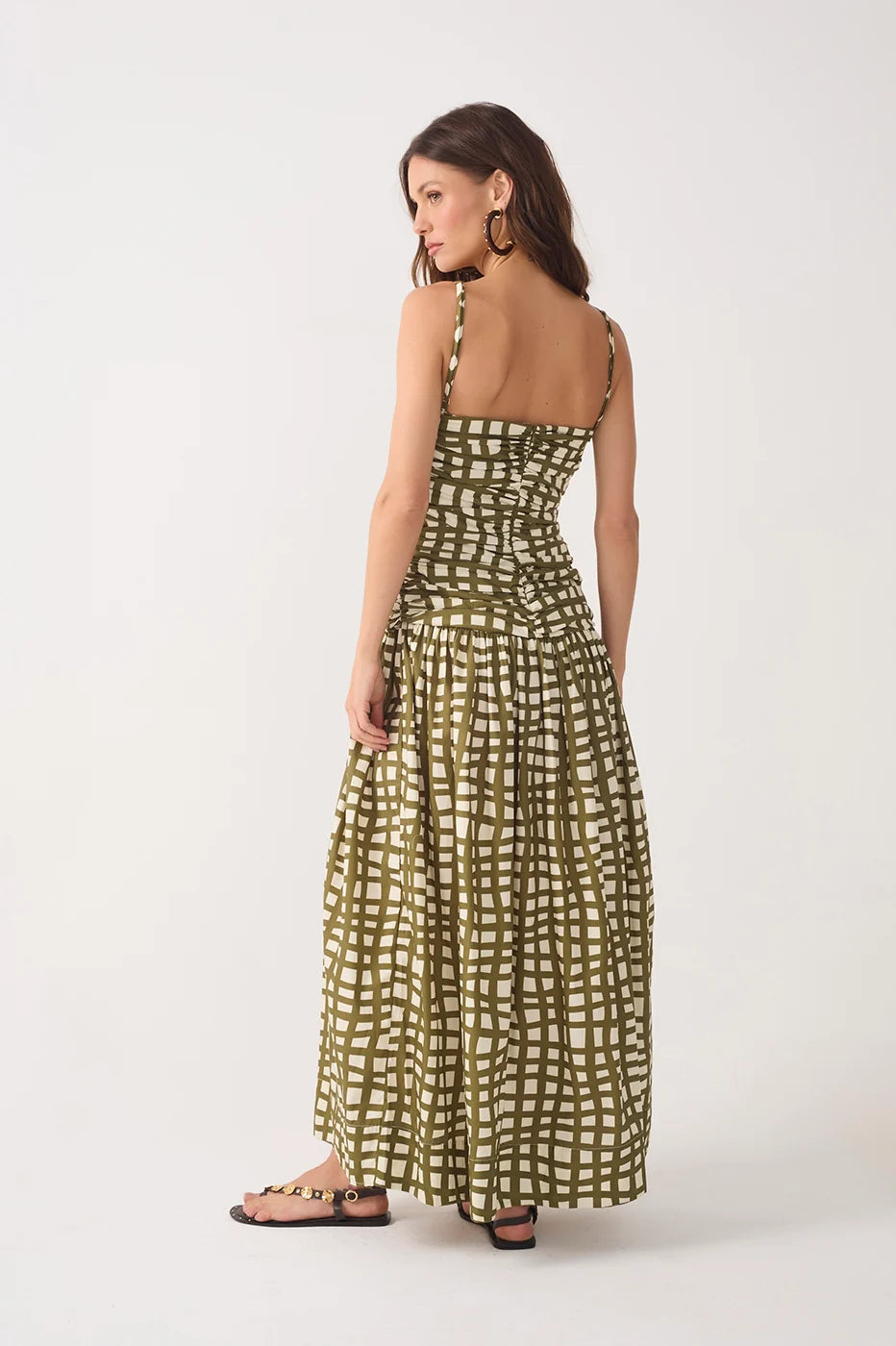 Green Ruched Removable Straps Maxi Dress