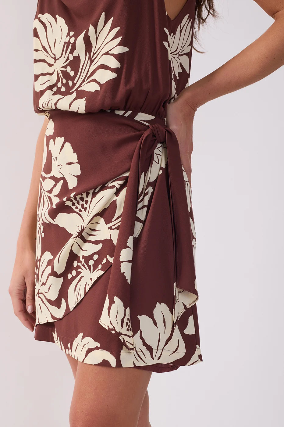 Brown Draped Neck Back Ties Mini Dress