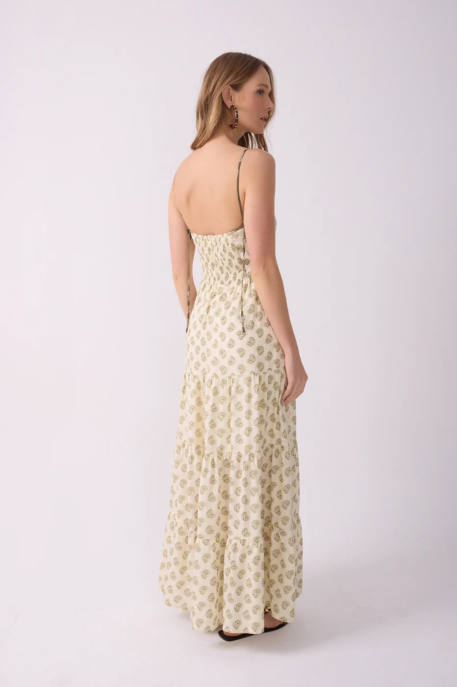 Off-White Front Ties Smocked Maxi Dress