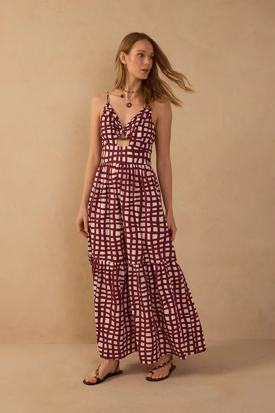Wine Cut Out Buckle Maxi Dress