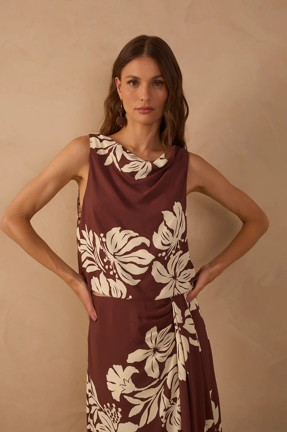 Brown Draped Neck Back Ties Blouse