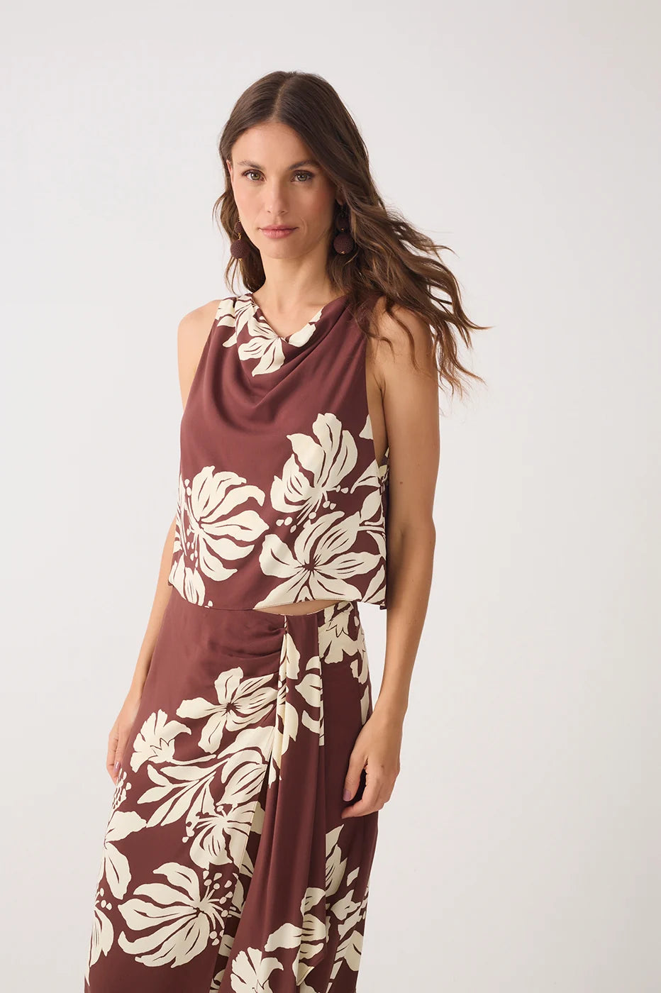 Brown Draped Neck Back Ties Blouse