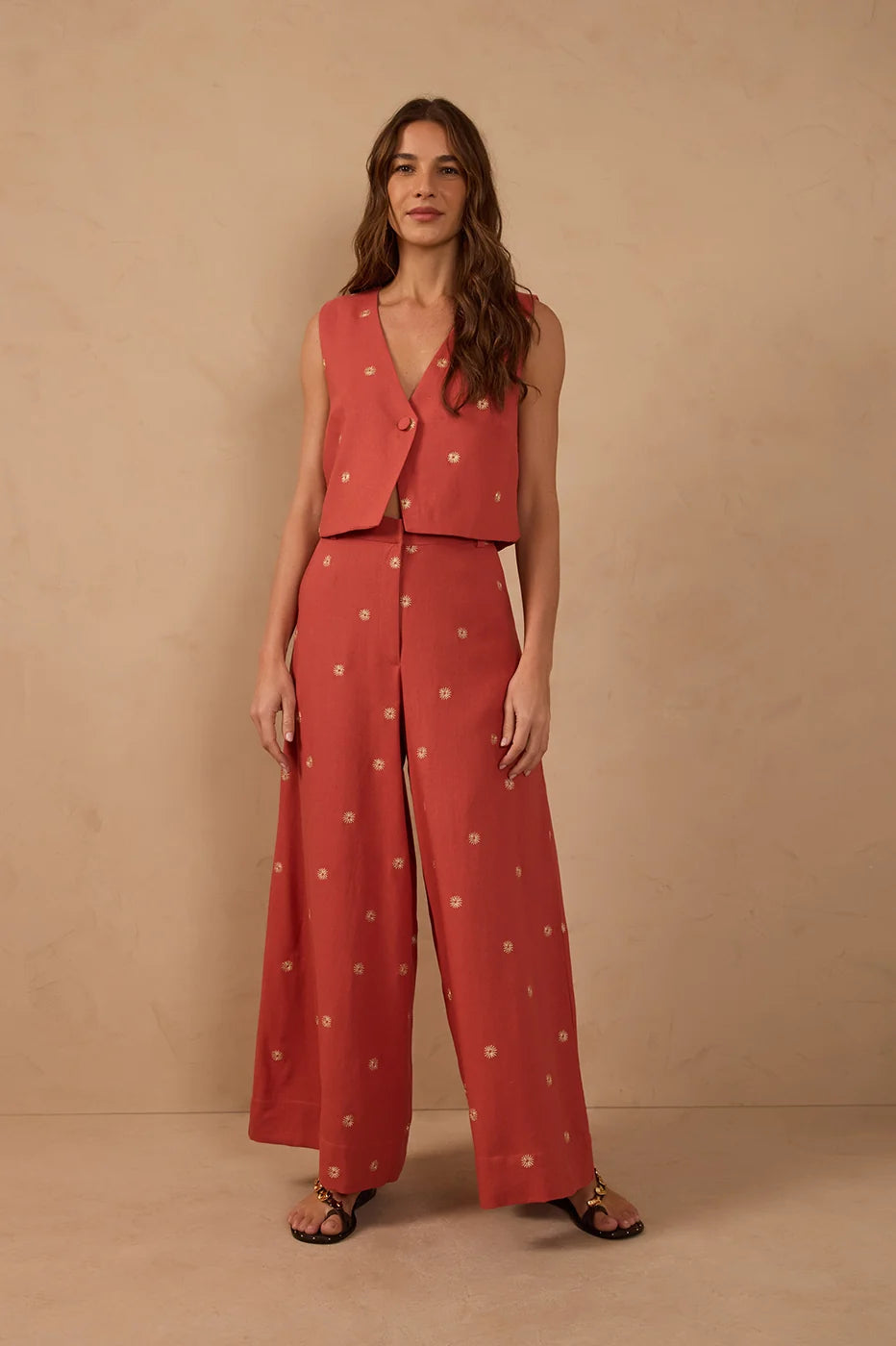 Lurex Embroidered Pockets Linen Pants