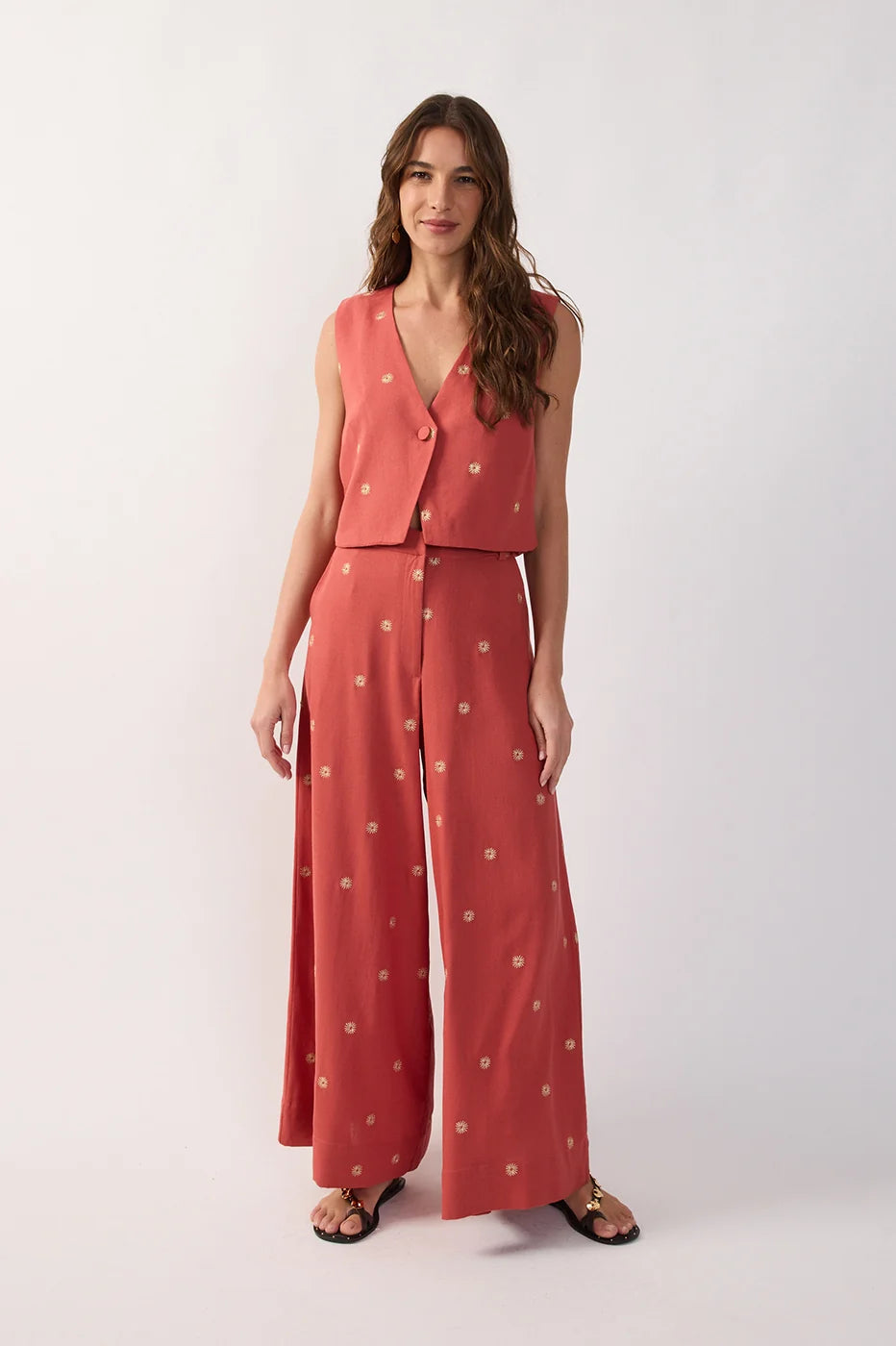 Lurex Embroidered Pockets Linen Pants