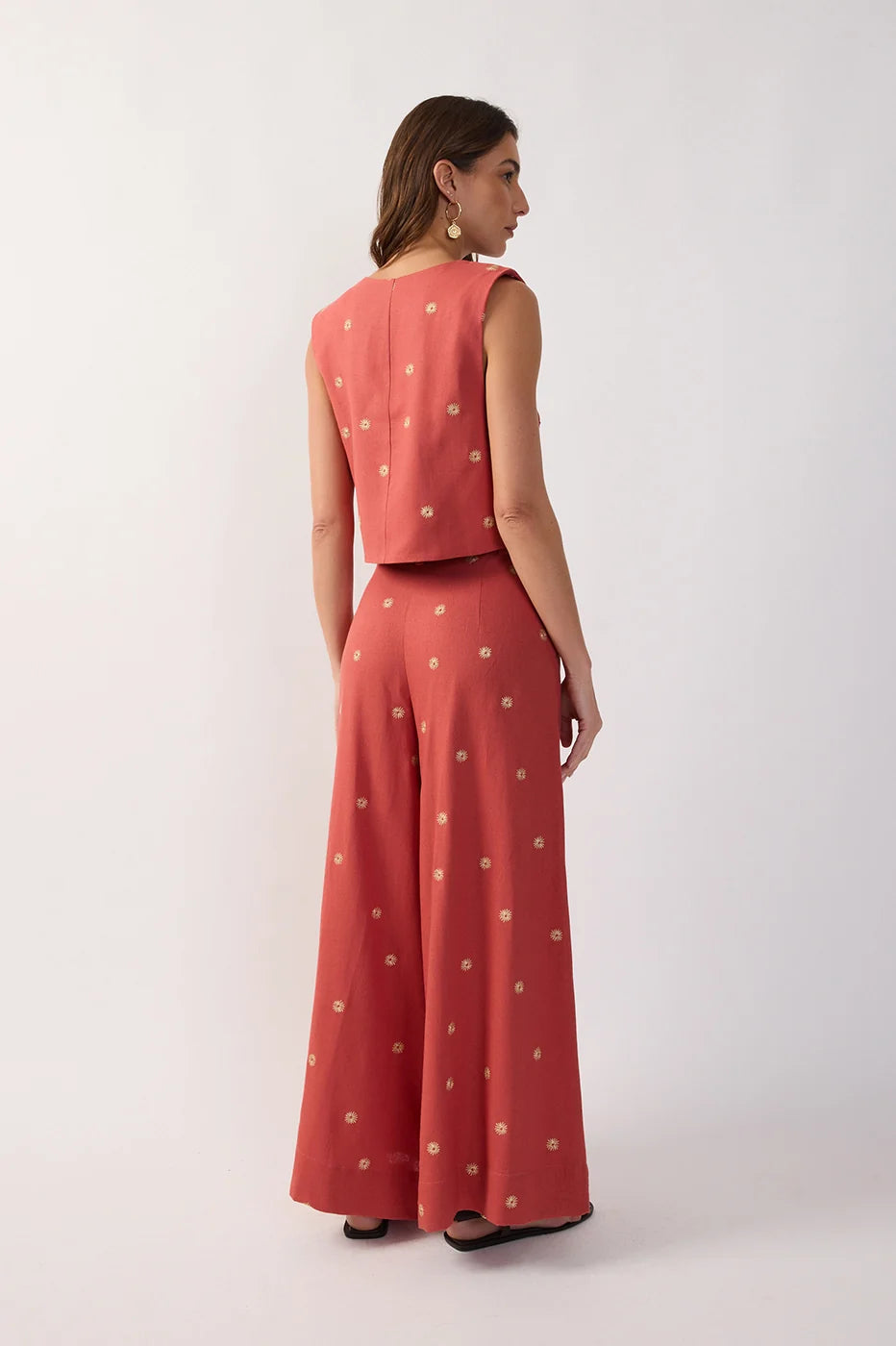 Lurex Embroidered Pockets Linen Pants