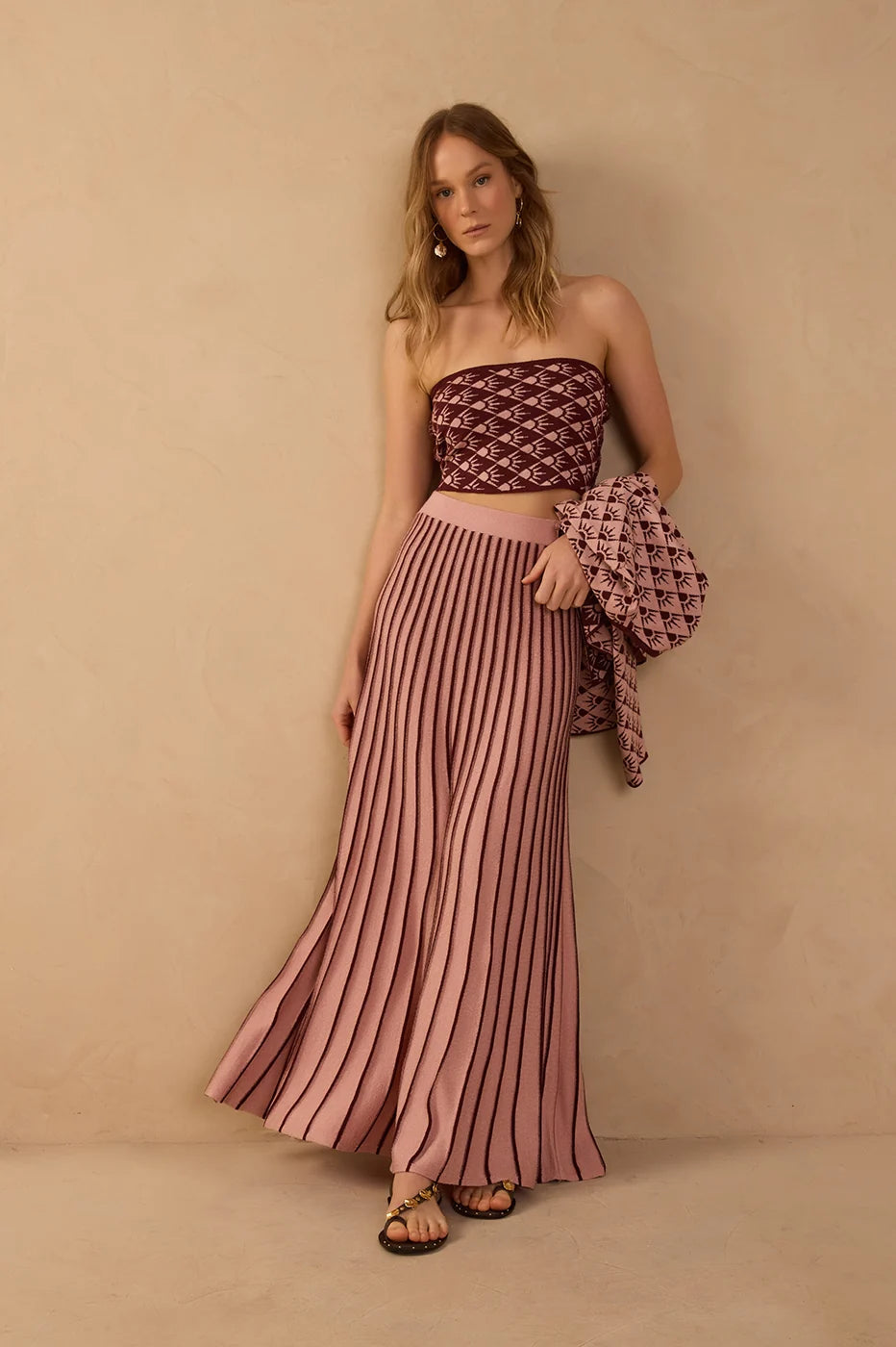 Pink Alvorada Pleated Tricot Maxi Skirt