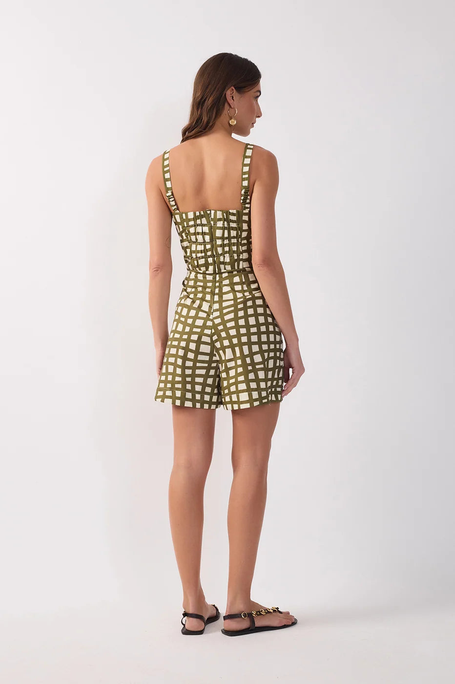 Green V Neck Smocked Back Skort Romper in Trama Print
