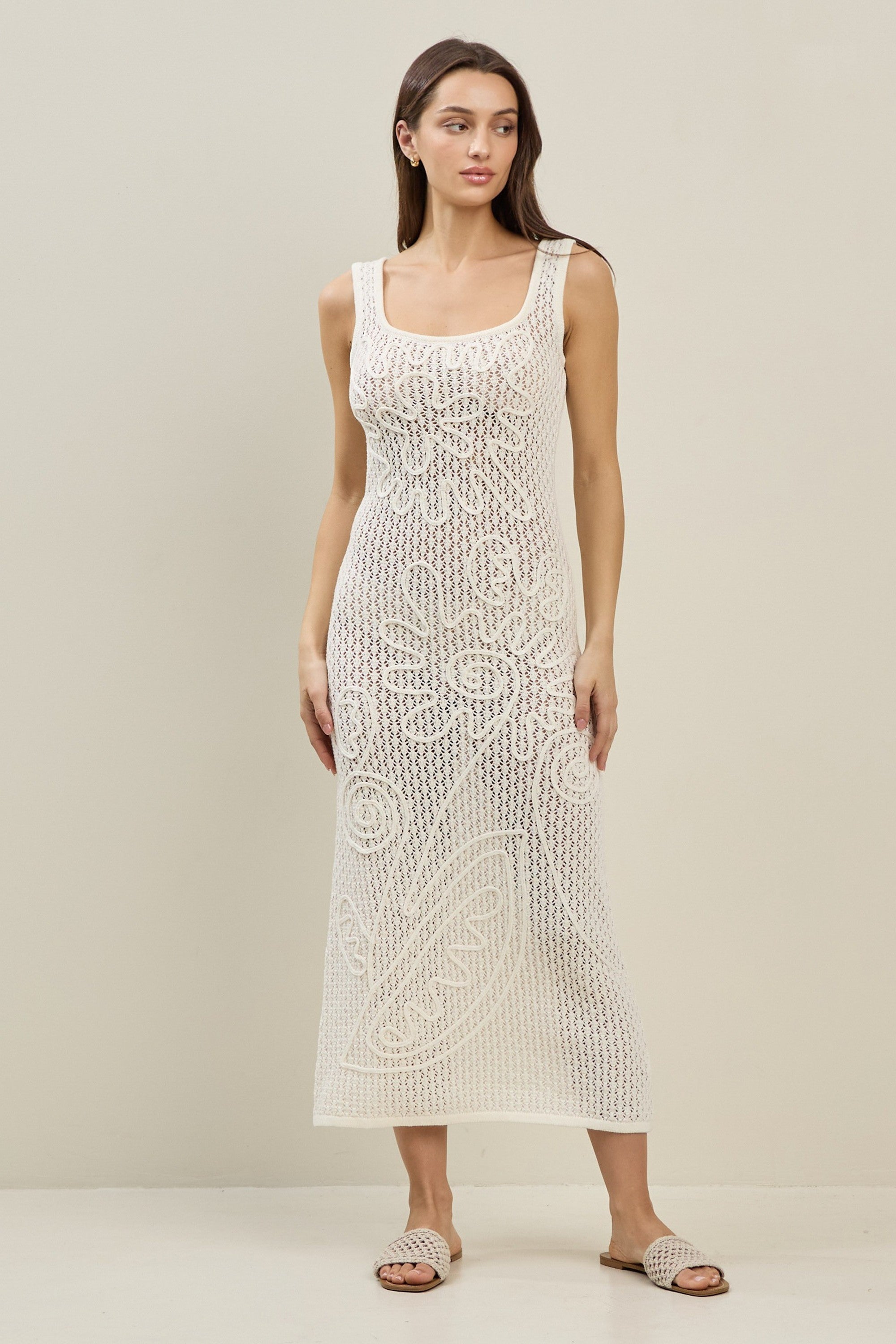 Open-knit Floral Textured Dress Ivory