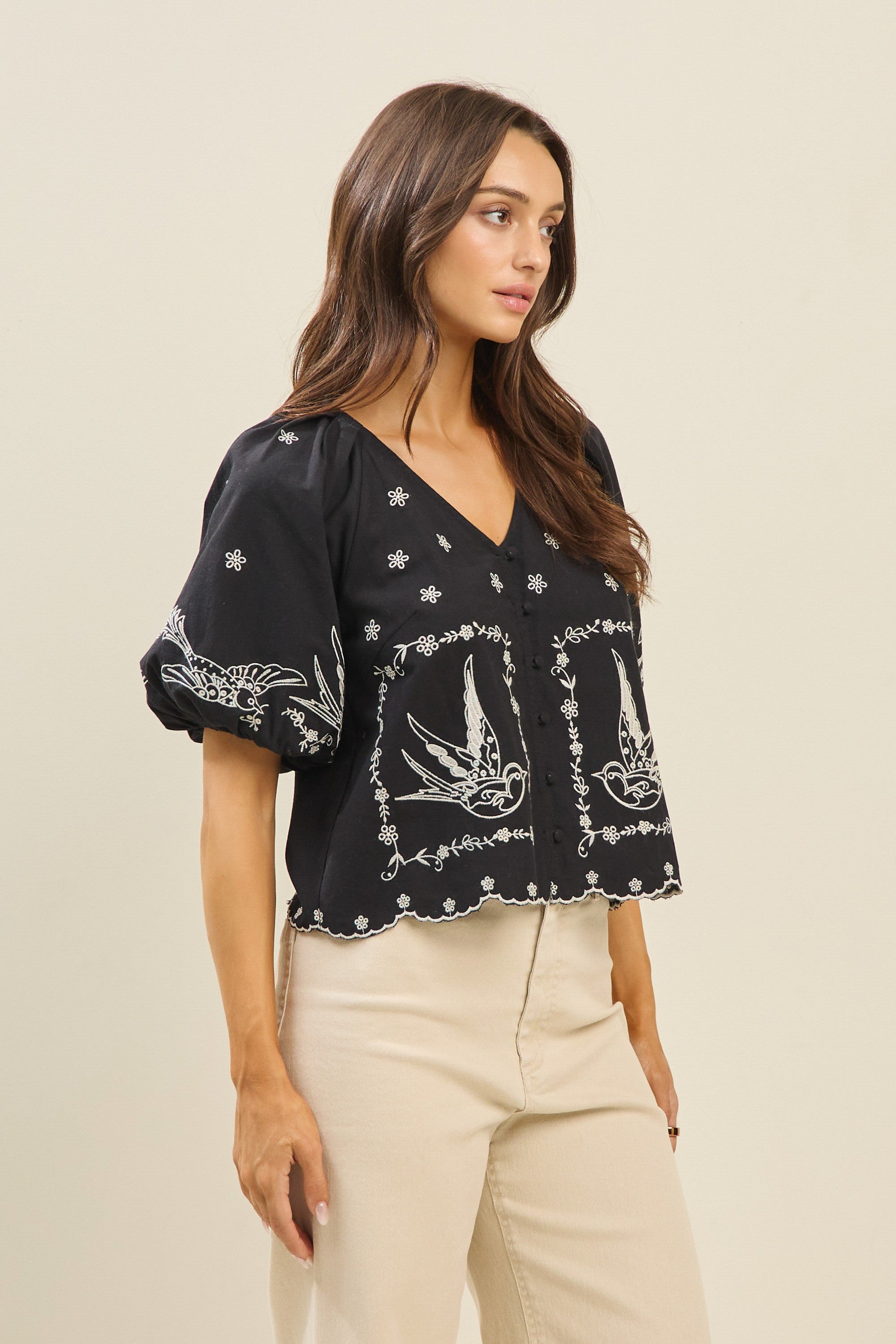 Puff Sleeve Embroidered Top