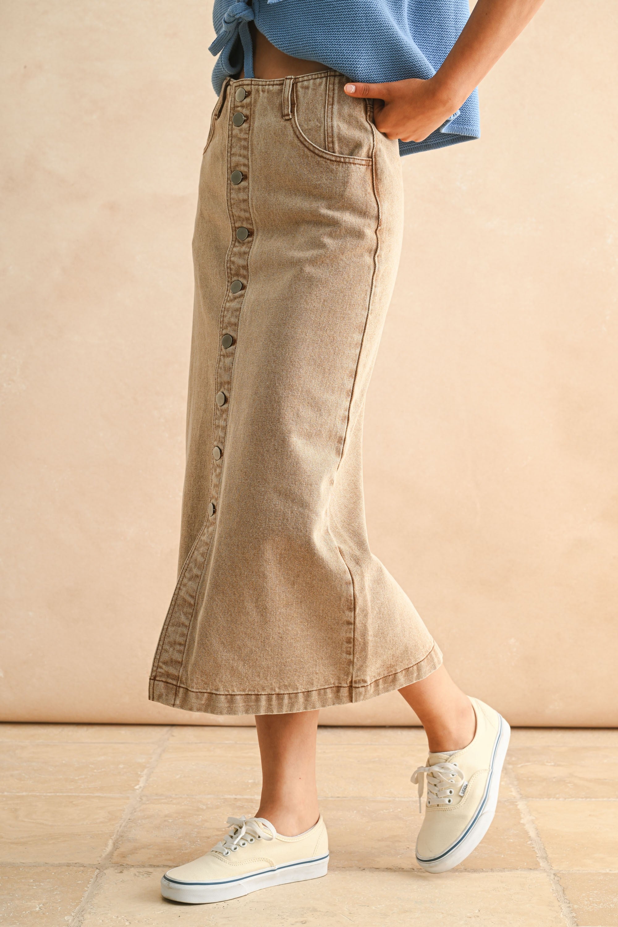 Cotton Button Front Washed Skirt