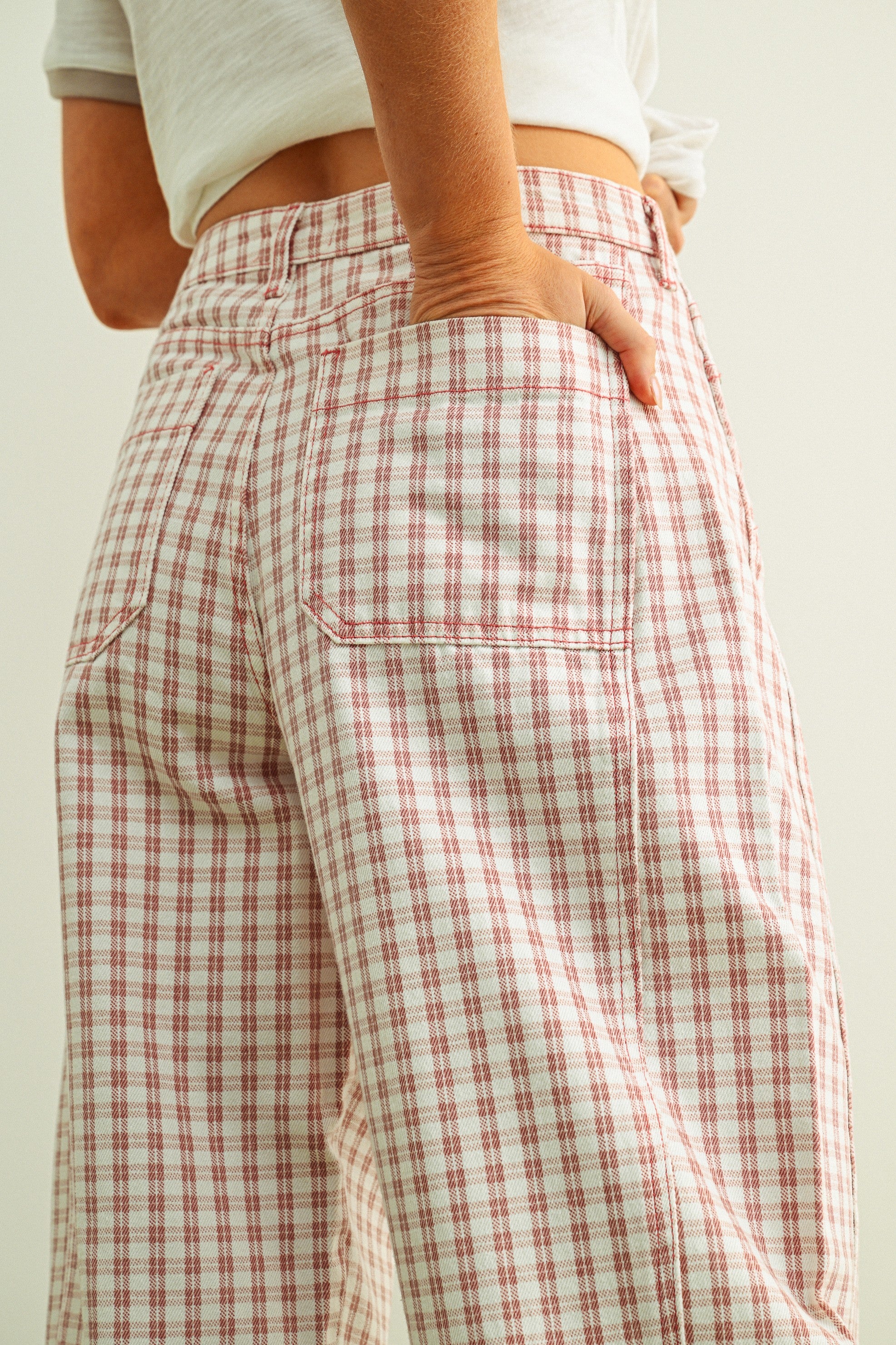 Mini Checker Pattern Barrel Pants Pink