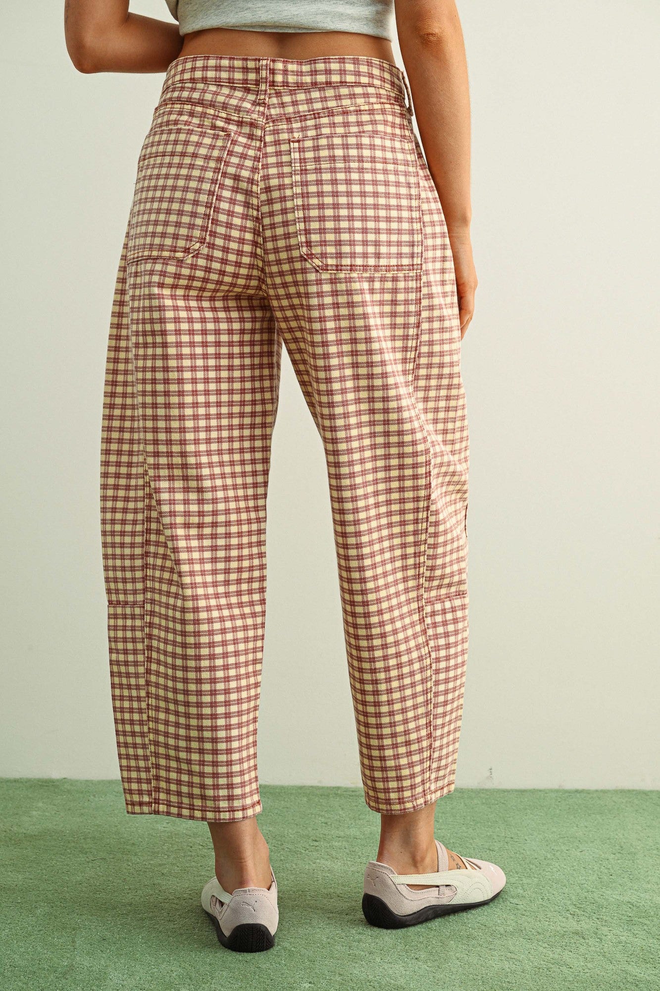 Mini Checker Pattern Barrel Pants Rose