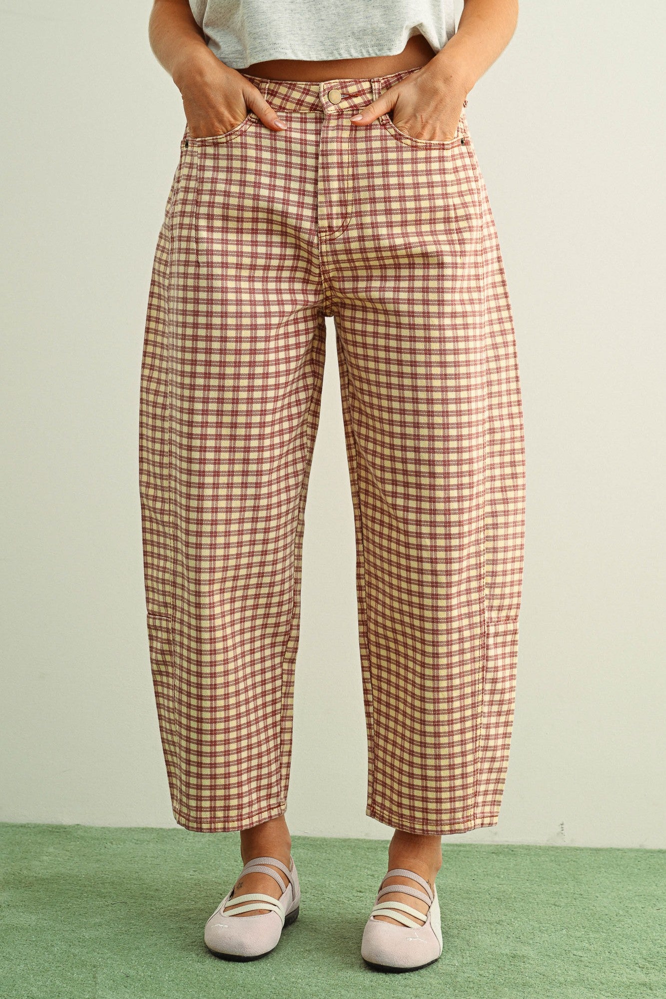 Mini Checker Pattern Barrel Pants Rose