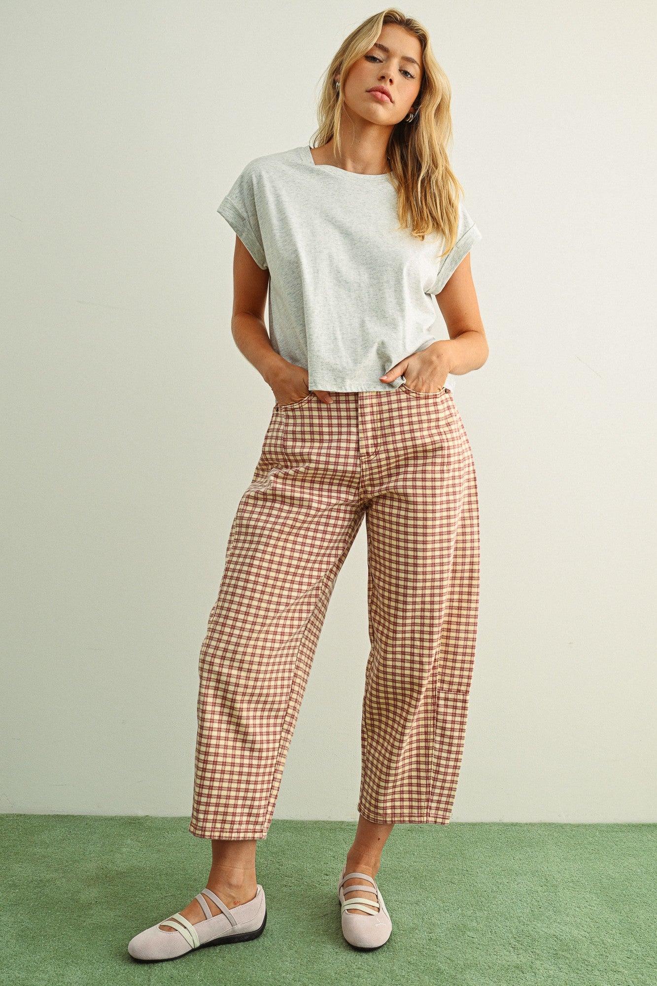 Mini Checker Pattern Barrel Pants Rose