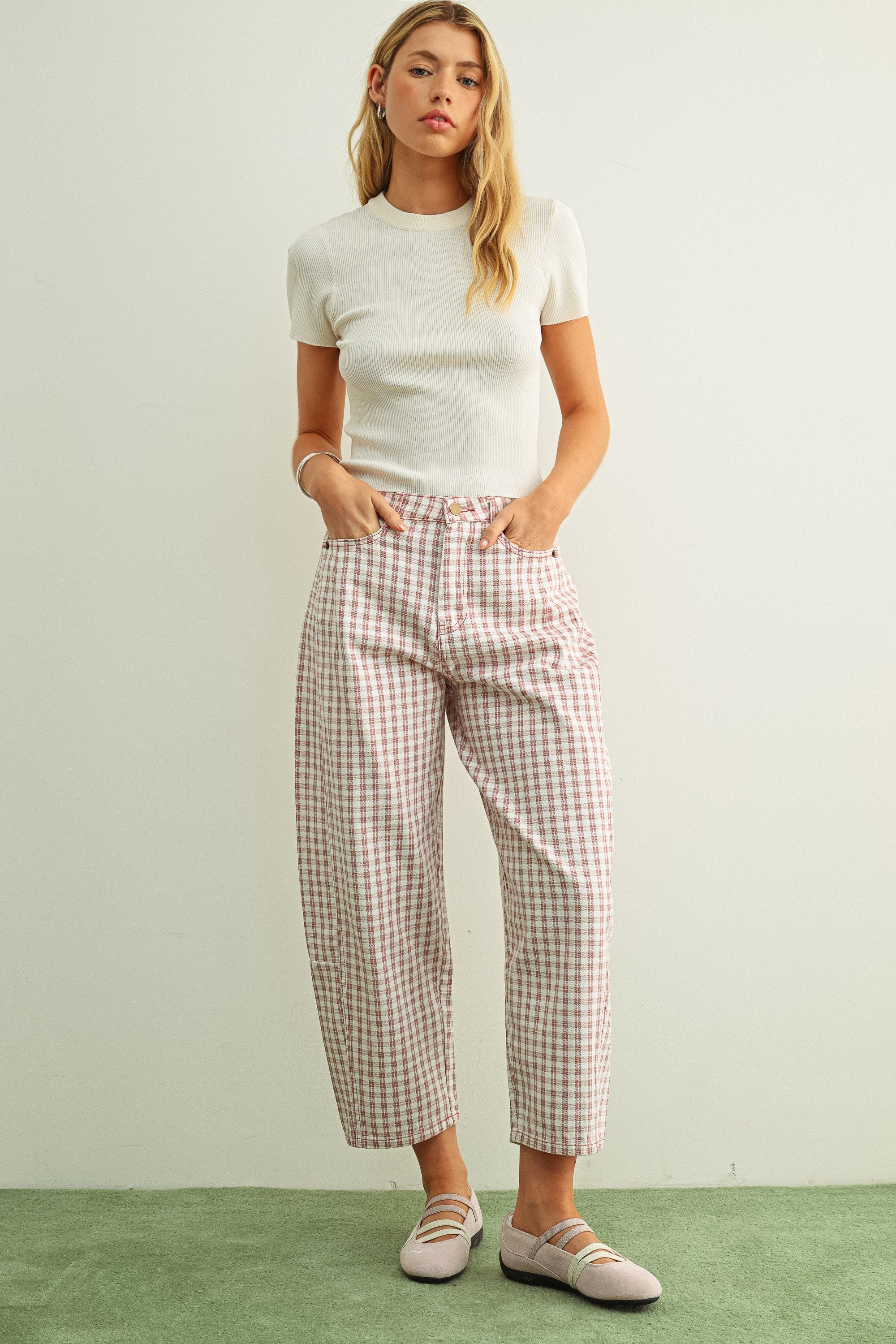 Mini Checker Pattern Barrel Pants Pink