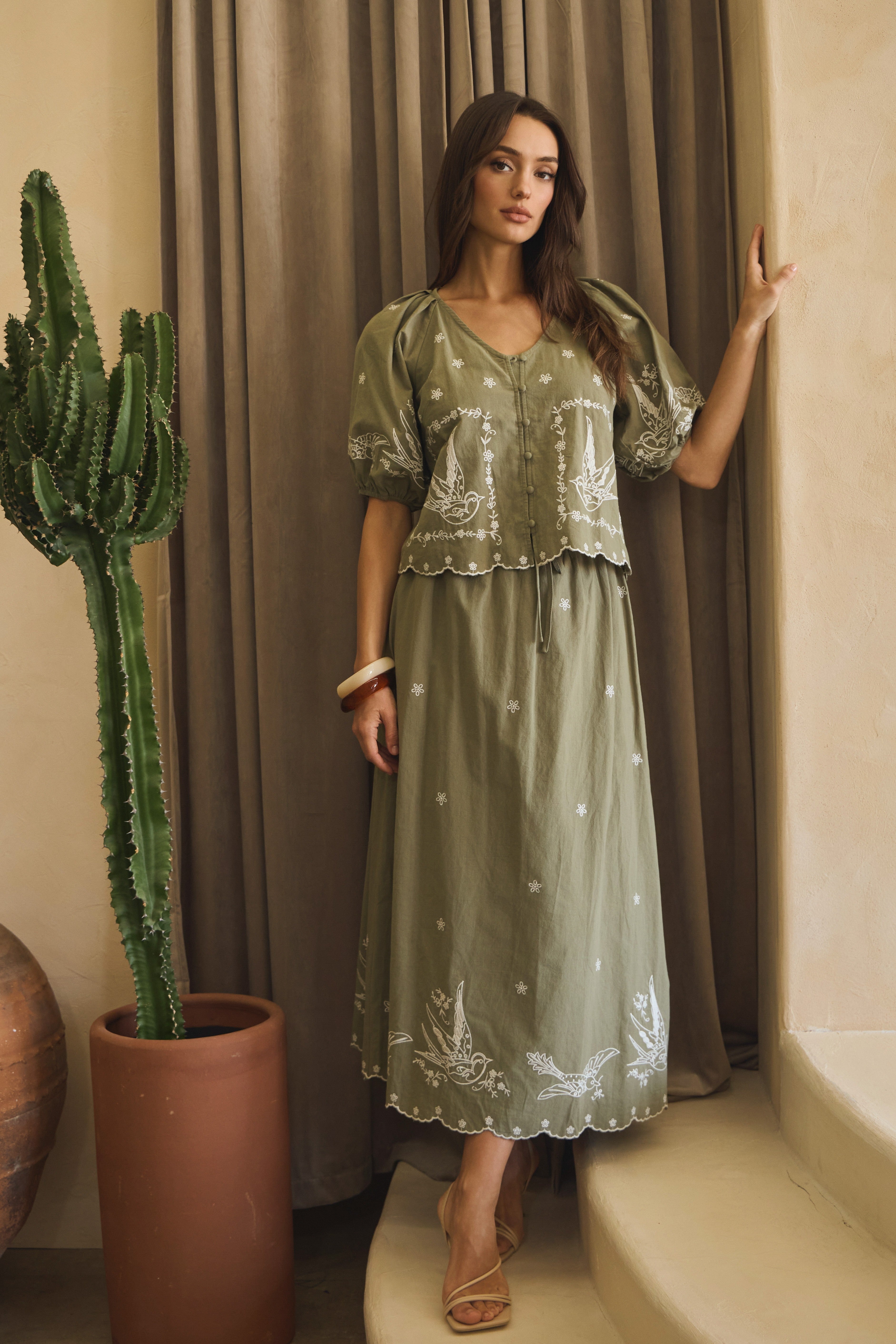 Olive Embroidered Skirt