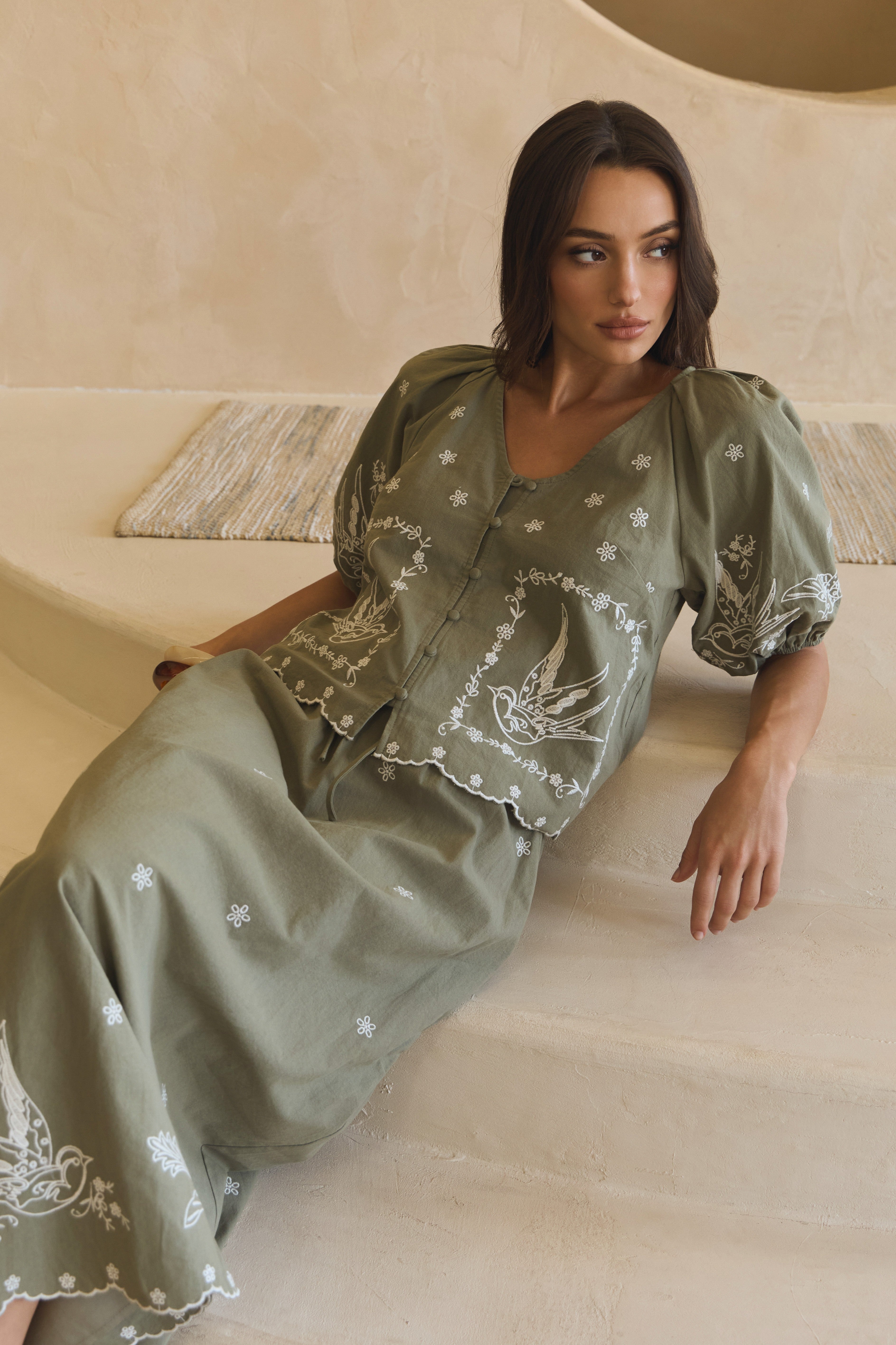Puff Sleeve Embroidered Cotton Top Sage
