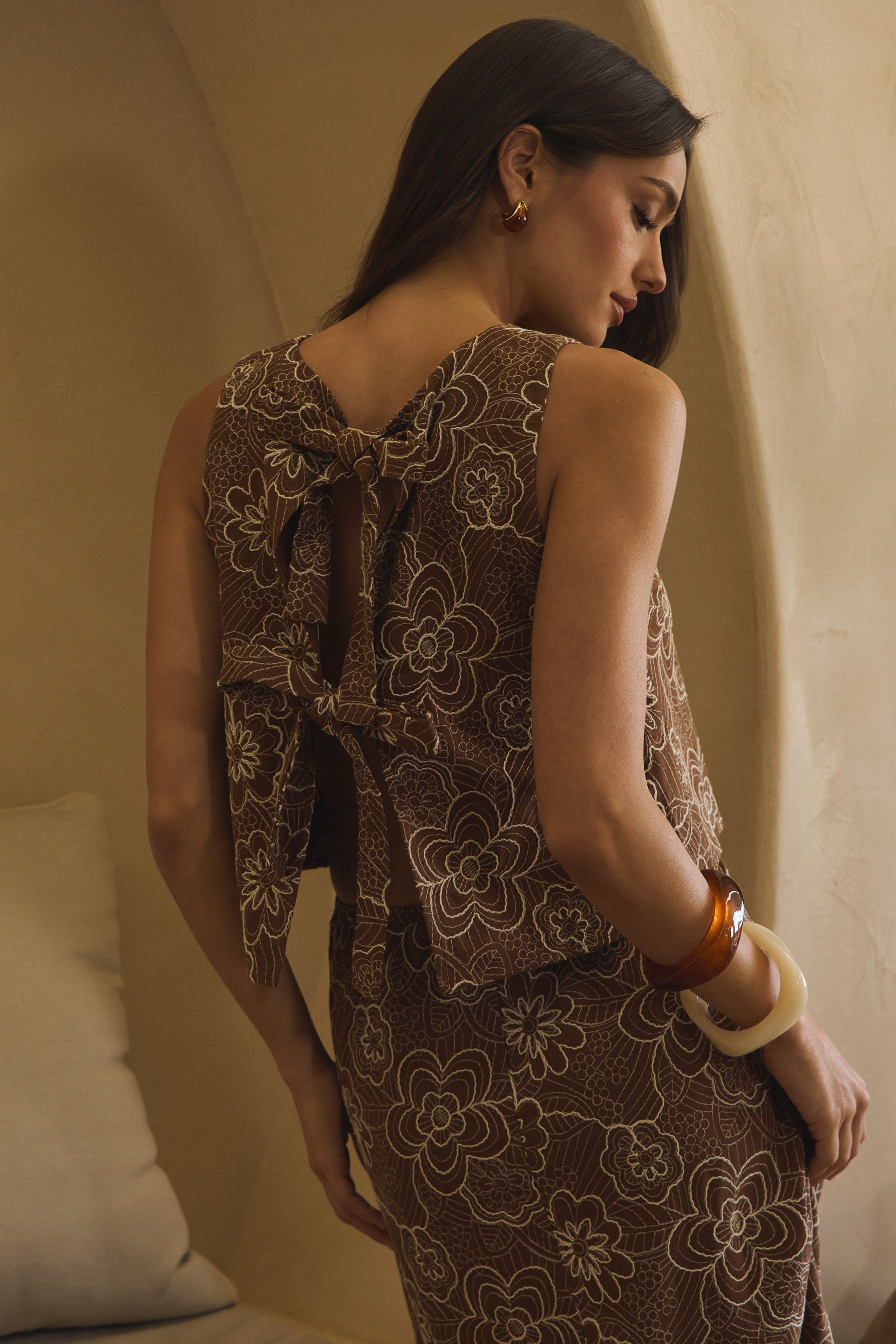 Chocolate Embroidered Tie Top