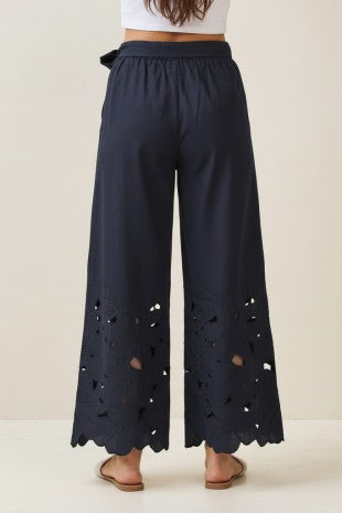 Linen Floral Embroidered Cut Out Pants Navy