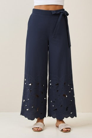 Linen Floral Embroidered Cut Out Pants Navy