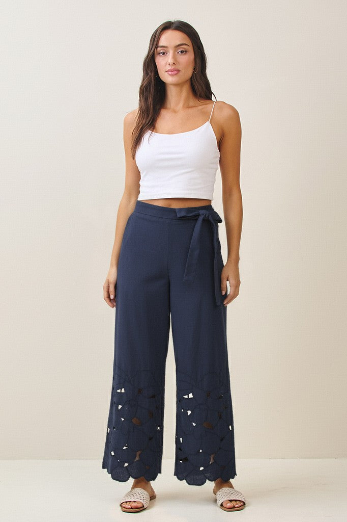 Linen Floral Embroidered Cut Out Pants Navy