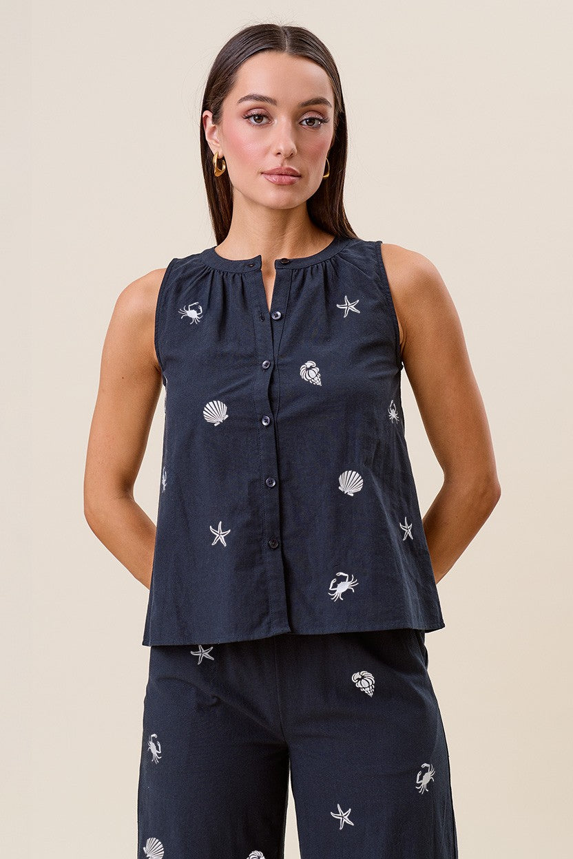 Shell Embroidered Sleeveless Blouse