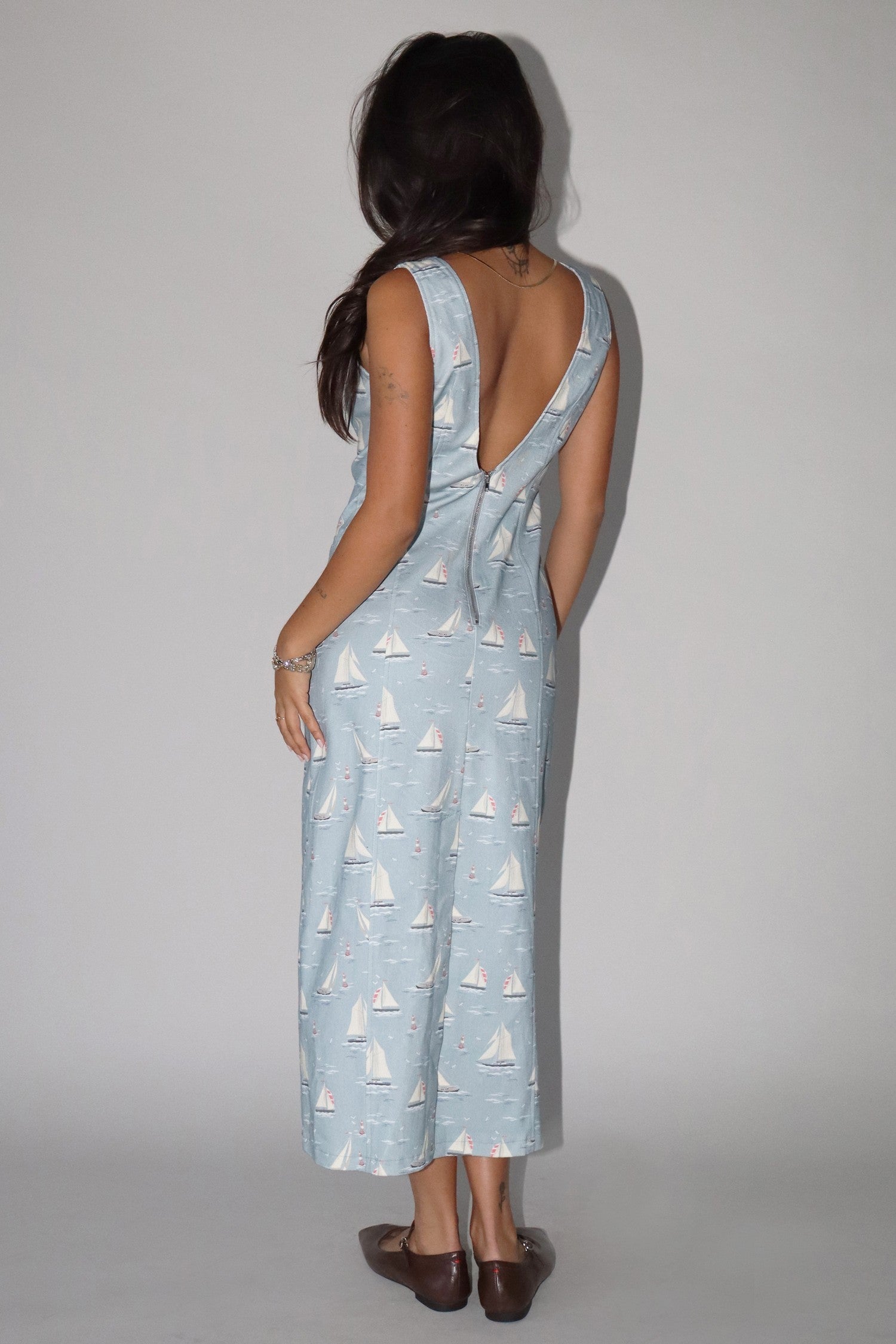 Sailboat Print Cotton Midi Dress