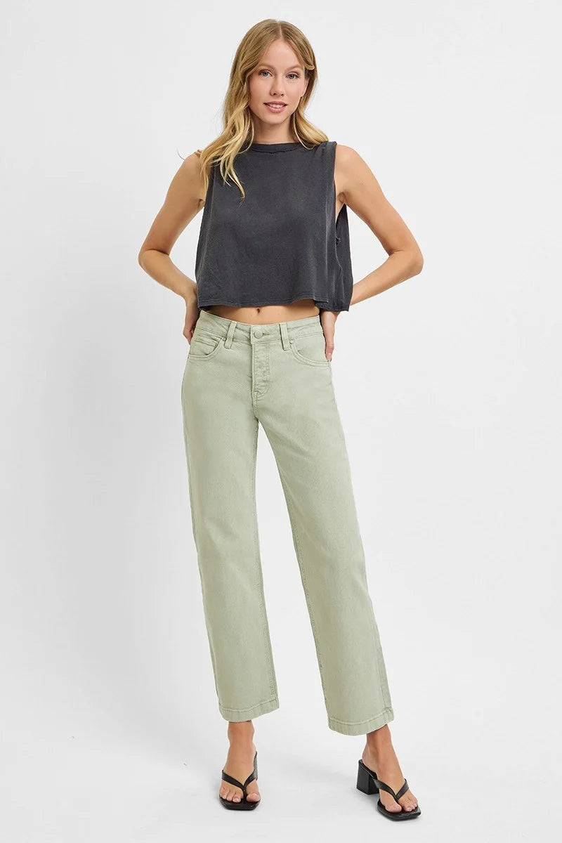 Tummy Control Mid Rise Ankle Straight Pants Pistachio