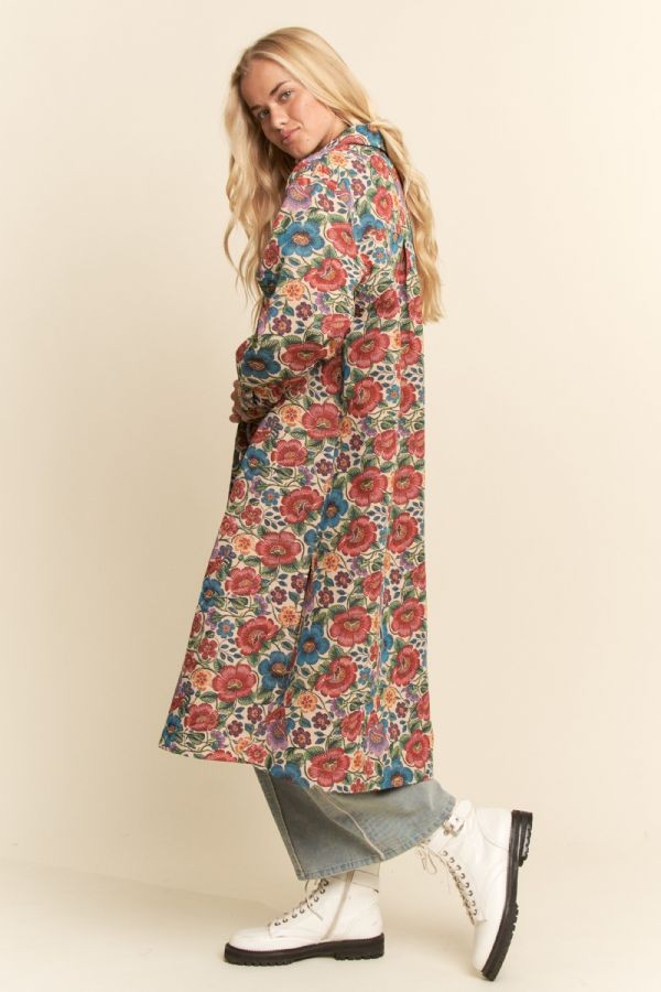 Floral Button Front Long Shirt Jacket